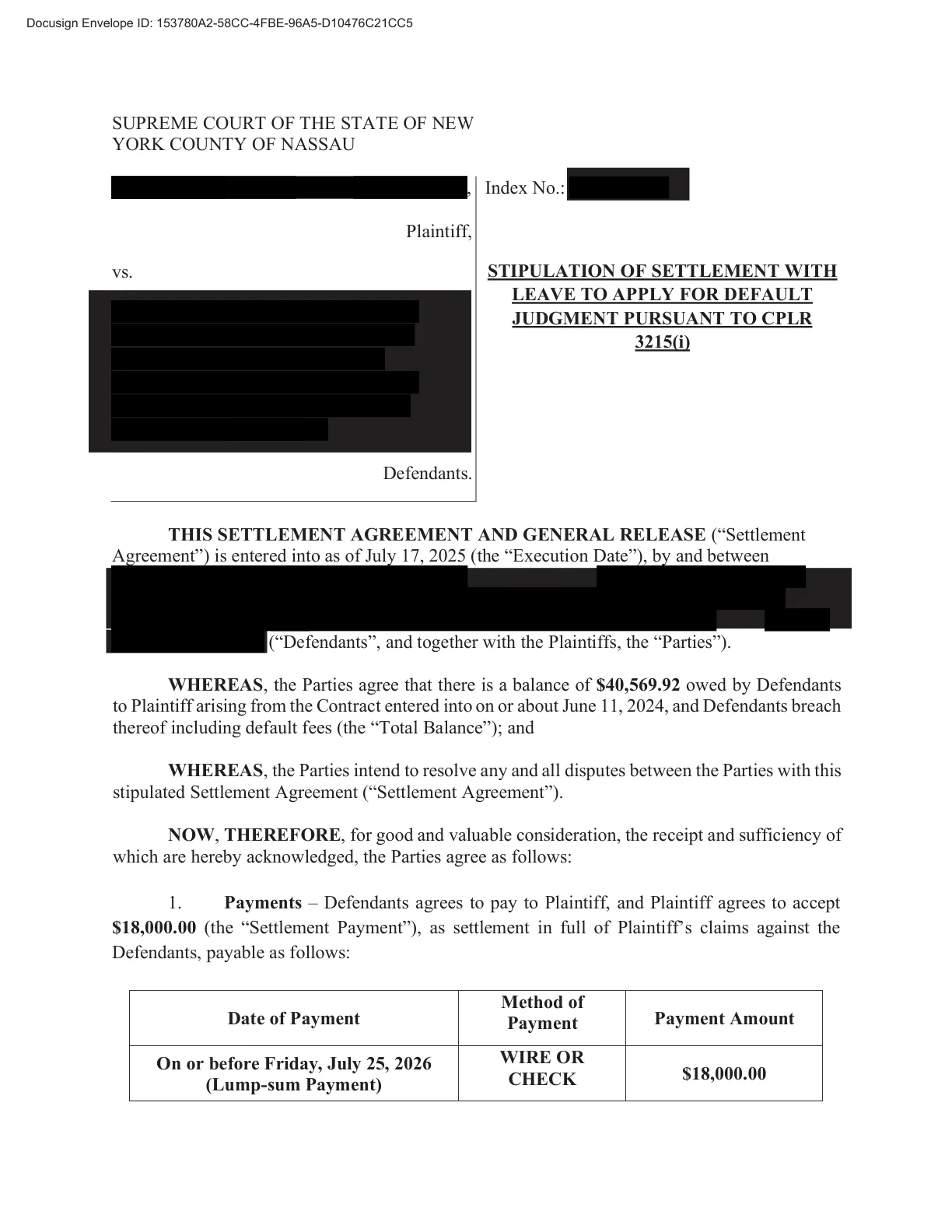 Anonymized sample settlement document