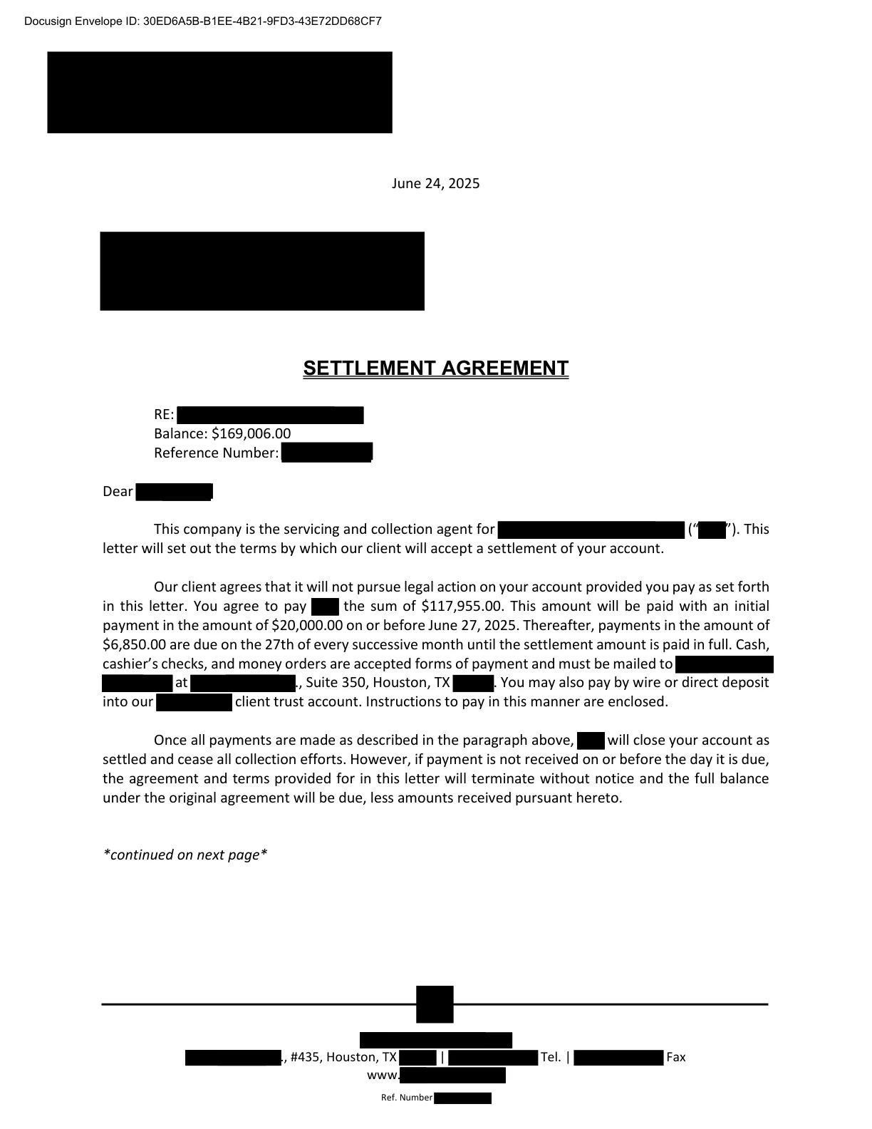 Anonymized sample settlement document