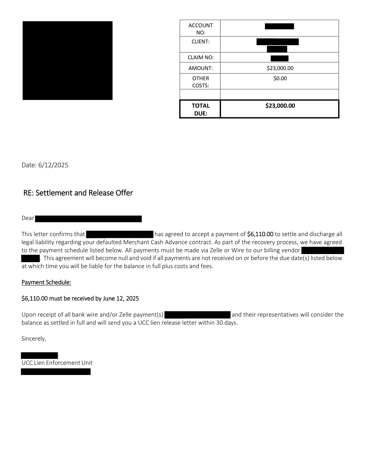 Anonymized sample settlement document